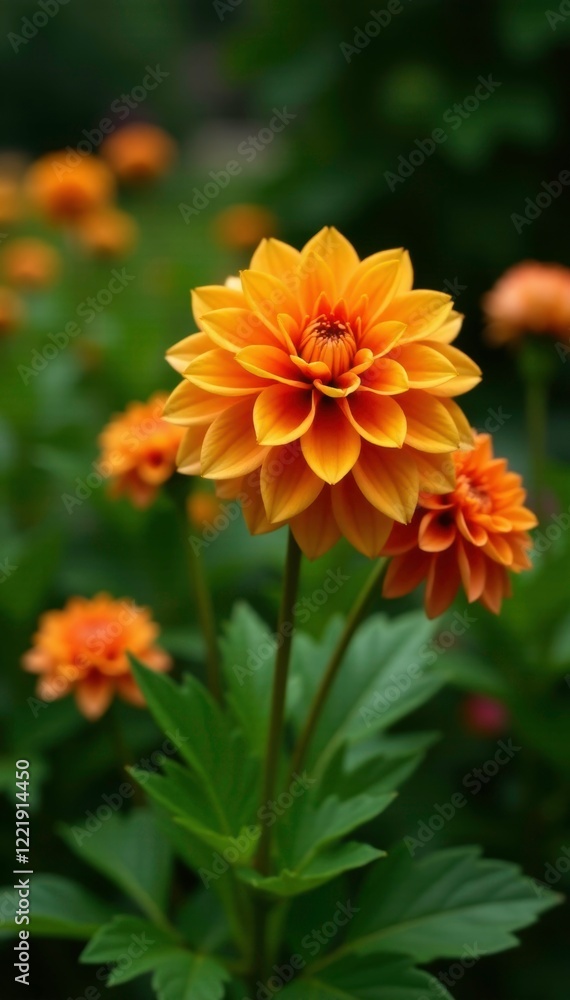 Orange dahlia blooms in a garden with lush greenery, plant, leafy Orange dahlia blooms in a garden with lush greenery, plant, leafy