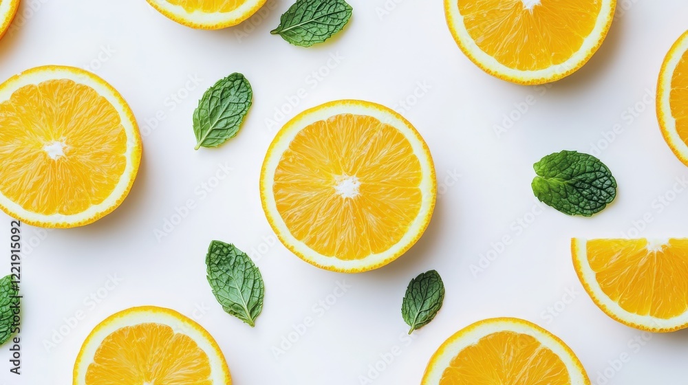 Fototapeta premium Fresh Juicy Oranges with Mint Leaves on White Background