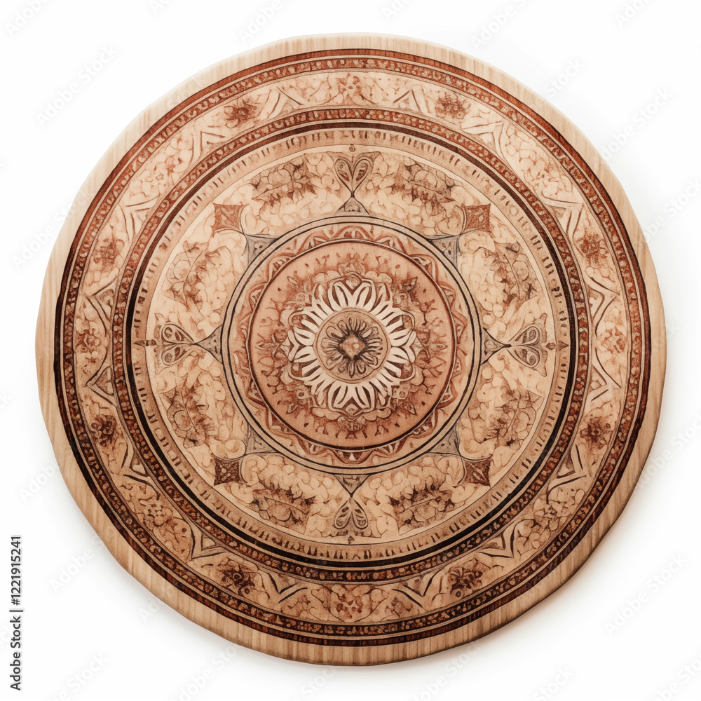 Fototapeta premium Intricate Mandala Design on Round Wooden Plate