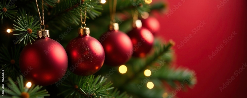 Fototapeta premium Ornaments hung on a red fir tree with golden lights, lit, joyful, red