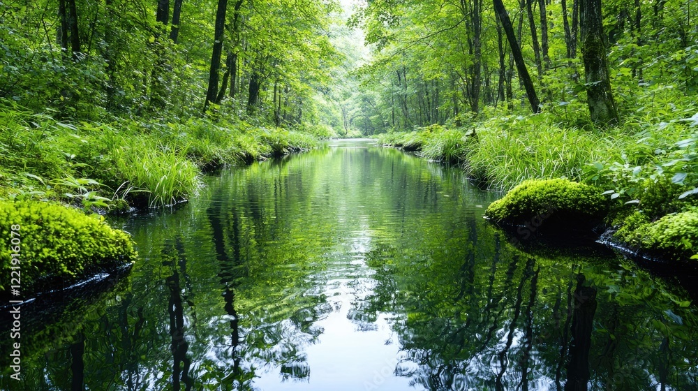 Obraz premium Serene forest stream, lush greenery, tranquil nature, peaceful scene, ideal for relaxation or travel brochures