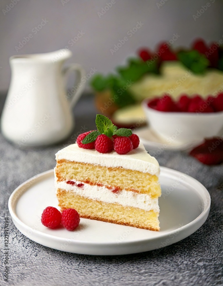 Fluffy Vanilla Cake with Vibrant Raspberries and Soft Lighting Fluffy Vanilla Cake with Vibrant Raspberries and Soft Lighting