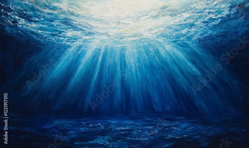 Underwater sunbeams painting, ocean depth, blue sea, light rays. photo