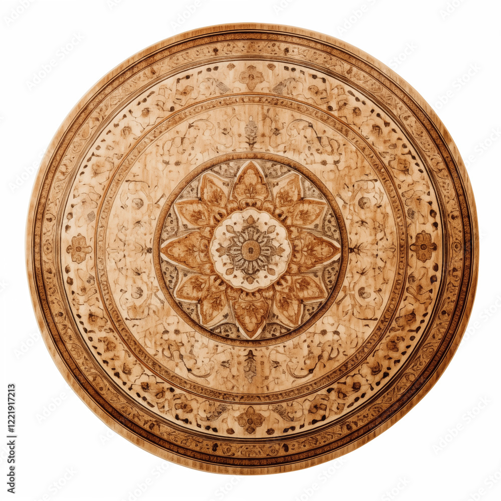 Naklejka premium Intricate Wooden Round Tabletop with Floral Mandala Design