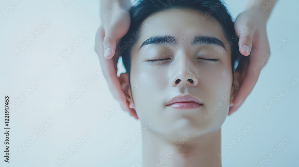 Naklejka premium 若い男性のフェイシャルケア