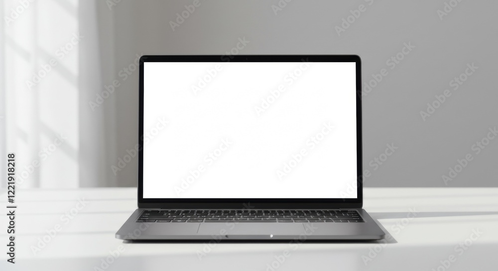 A crisp photo of a modern laptop placed on a white desk featuring a blank screen for easy customization and design A crisp photo of a modern laptop placed on a white desk featuring a blank screen for easy customization and design