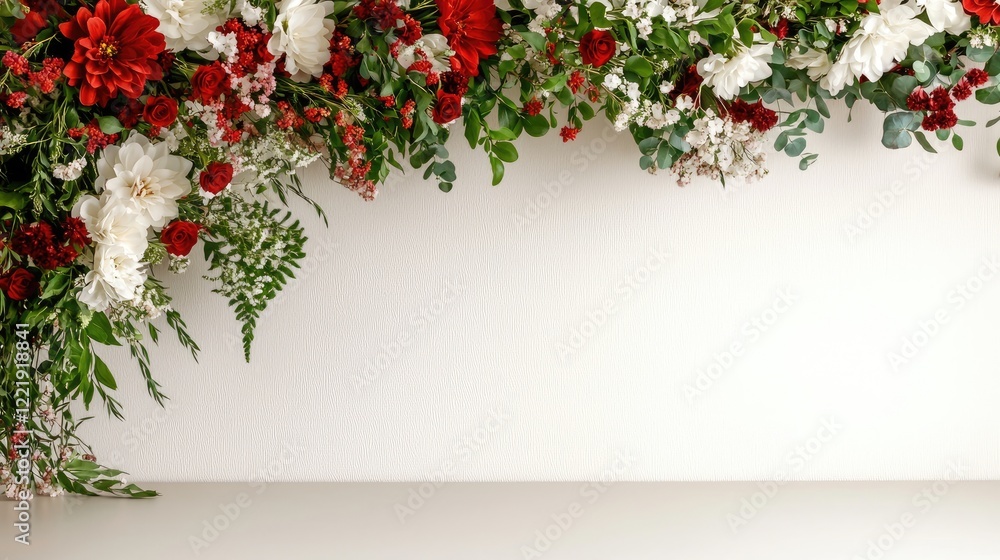 Fototapeta premium Elegant floral garland with red and white flowers hanging on a white wall above a clean surface with copy space.