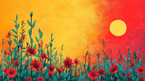 Vibrant sunset floral painting with red flowers and a golden sun providing a warm and radiant effect