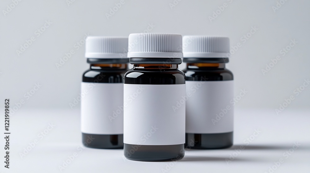 Three Amber Glass Bottles with White Labels on a White Background Three Amber Glass Bottles with White Labels on a White Background