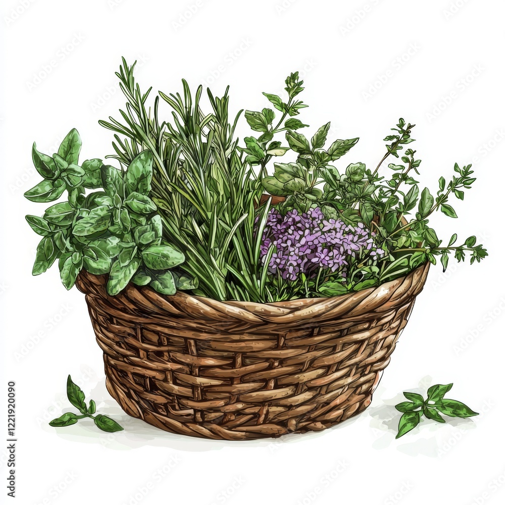 Fresh Herb Garden in Woven Basket, Featuring Basil, Rosemary, Thyme, Oregano, and Parsley on White Background Fresh Herb Garden in Woven Basket, Featuring Basil, Rosemary, Thyme, Oregano, and Parsley on White Background
