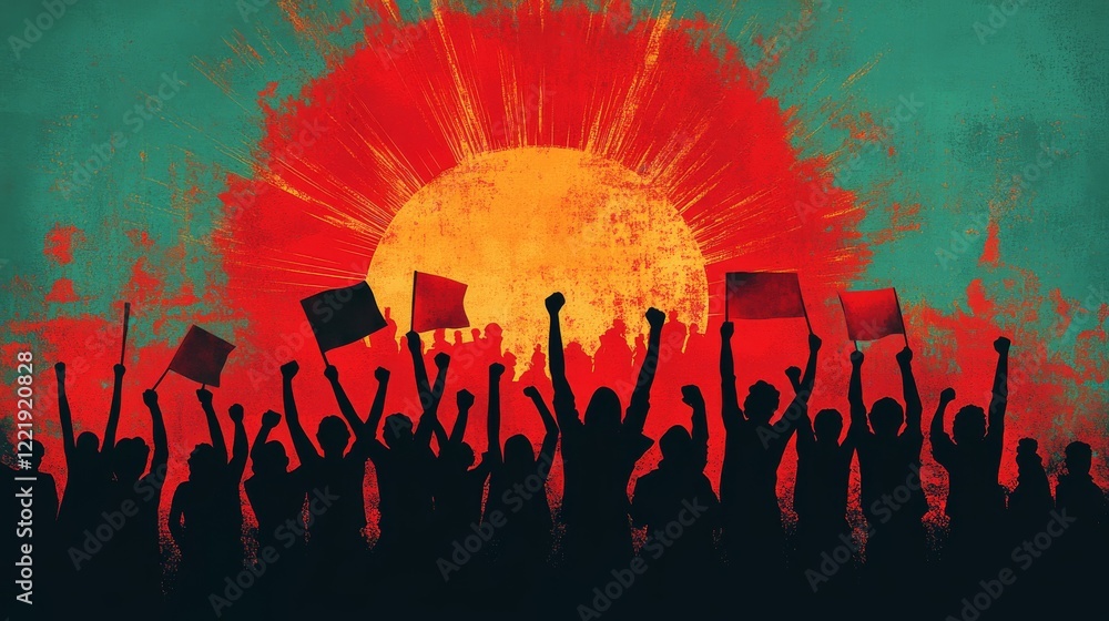 A Powerful Image of Protest and Solidarity with Silhouetted Figures and Vibrant Colors Rising Against the Sun A Powerful Image of Protest and Solidarity with Silhouetted Figures and Vibrant Colors Rising Against the Sun