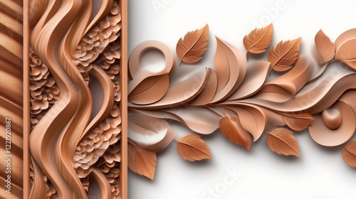Elegant 3D Carved Floral Design: Brown and Beige Intricate Leaf Pattern on White Background