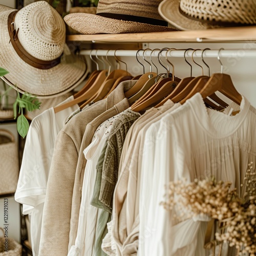 Neutral-toned clothing hanging in a closet.