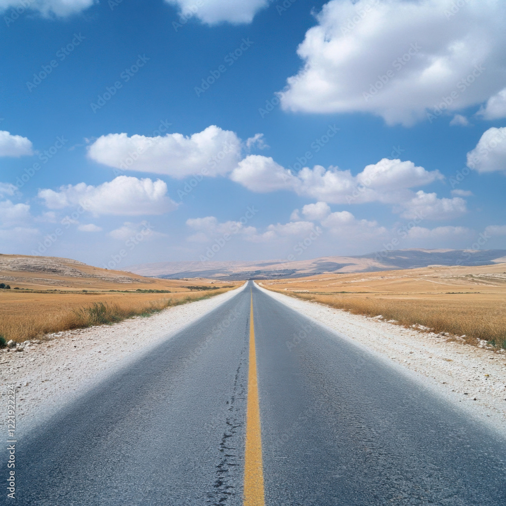 A long, straight road stretches into the distance, flanked by dry, sandy terrain and sparse vegetation. The sky is bright blue with fluffy white clouds scattered throughout. A long, straight road stretches into the distance, flanked by dry, sandy terrain and sparse vegetation. The sky is bright blue with fluffy white clouds scattered throughout.