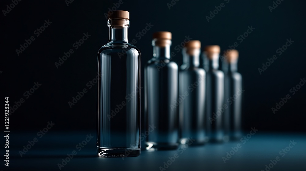 Glass Bottles in a Row, Dark Background, Minimalist Product Photography Glass Bottles in a Row, Dark Background, Minimalist Product Photography