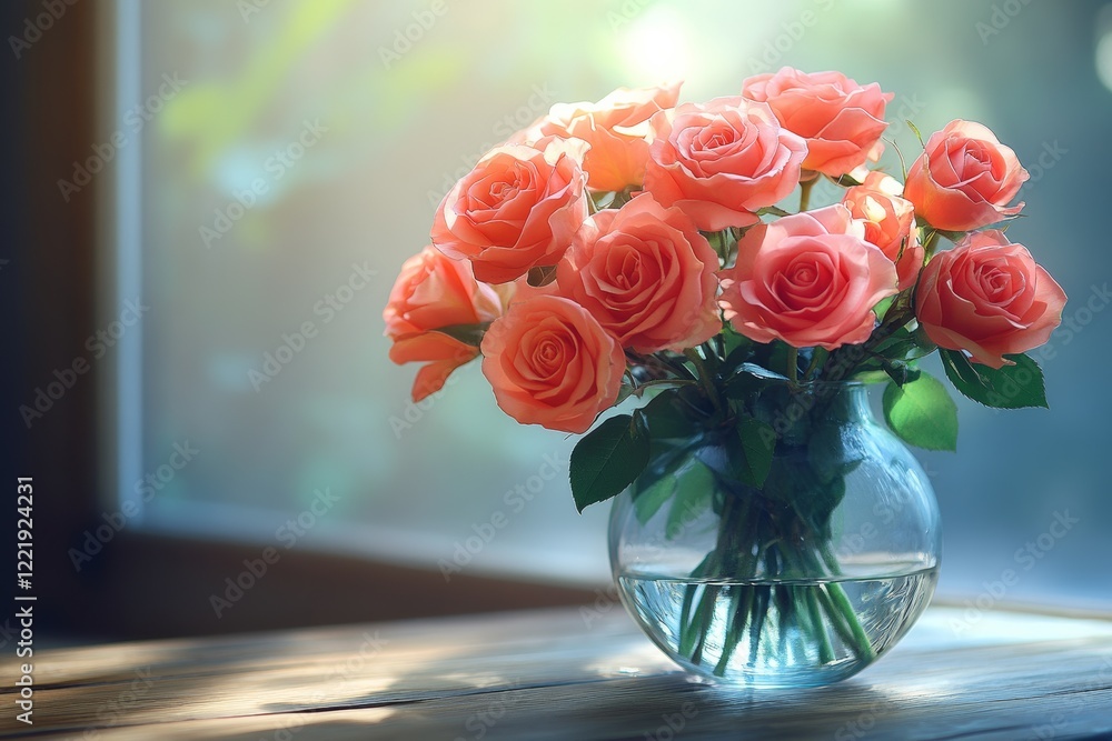 Fototapeta premium Radiant Rose Bouquet in Sunlit Glass Vase