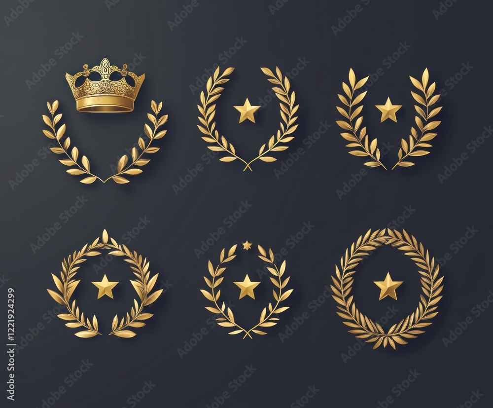 Gold laurel wreaths and crown set. Gold laurel wreaths and crown set.