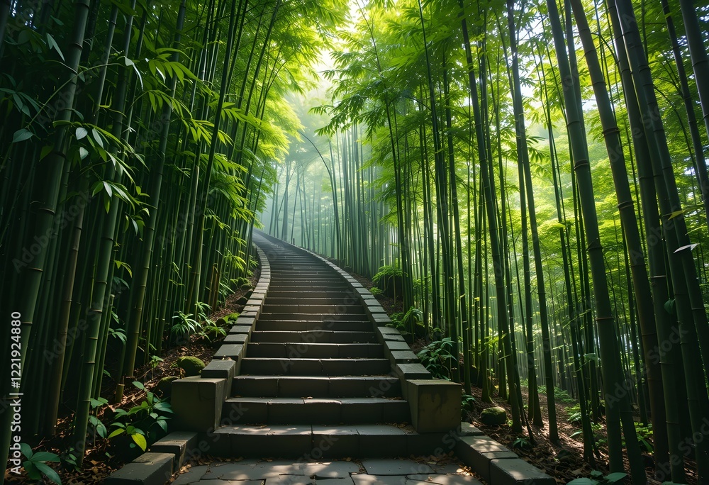 Obraz premium Stone Steps Winding Through a Verdant Bamboo Forest,