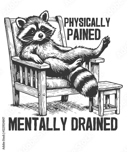 Physically Pained Mentally Drained Raccoon, Funny Exhaustion T-Shirt Design vector, raccoon, physically pained, mentally drained, exhausted, tired, lazy, funny, humor, sarcastic, relaxed, chair,
