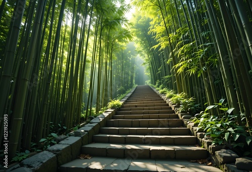 Stone Steps Leading Through a Lush Bamboo Forest