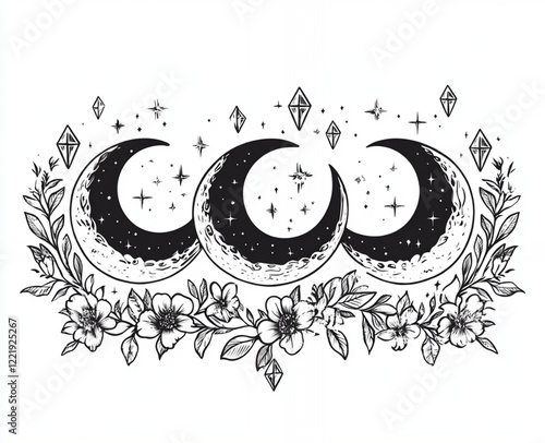 Triple Moon Phase Floral Design Mystical Elegant Dark Art Print ink boho line stars black white