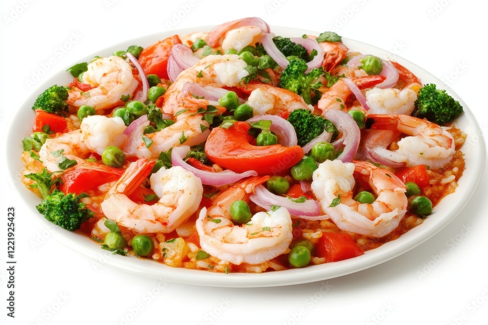 Vibrant Seafood Paella on Plain White Background Vibrant Seafood Paella on Plain White Background