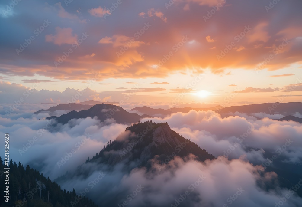 Sunset over Mountain Peaks with Sea of Clouds Sunset over Mountain Peaks with Sea of Clouds