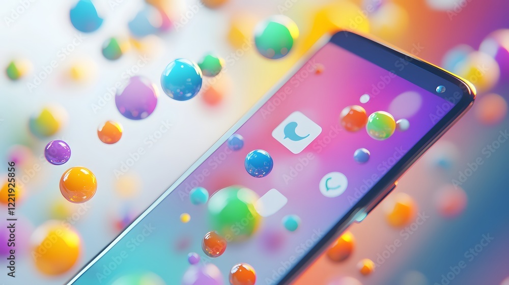 Smartphone Display Shows Colorful Spheres and App Icon Smartphone Display Shows Colorful Spheres and App Icon