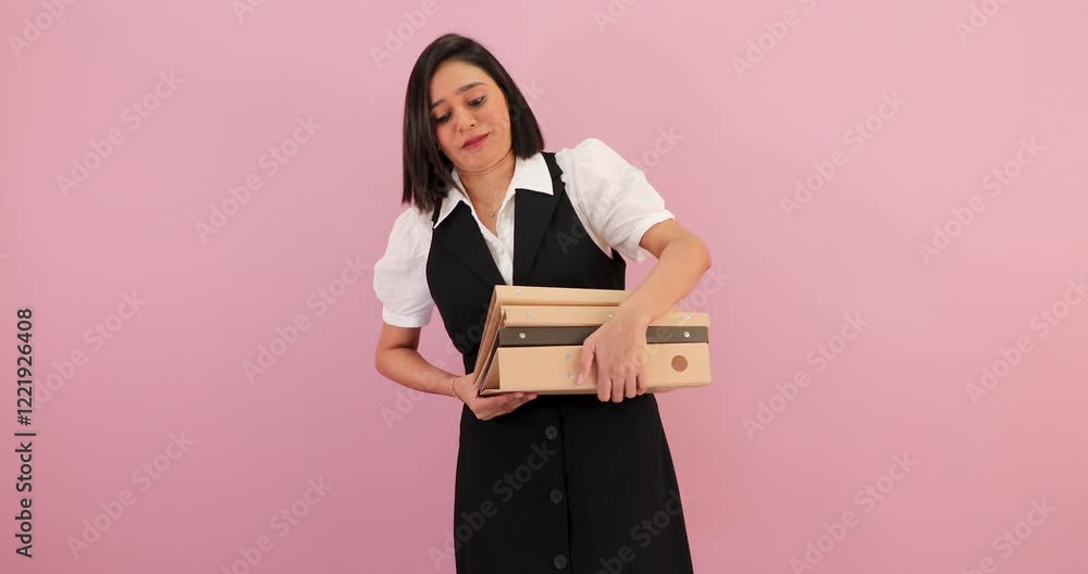 Unhappy tired sad exhausted working young South Asian business woman holds folders feel stress Unhappy tired sad exhausted working young South Asian business woman holds folders feel stress