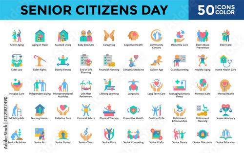 Senior Citizens Day icons set with active aging, aging in place, assisted living, baby boomers, caregiving, cognitive health, community centers, dementia care icon. Simple color vector 
