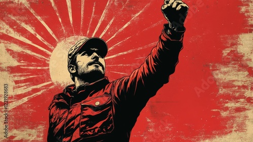 Retro Style Illustration of a Man Raising a Fist in Protest with a Red Sunburst Background