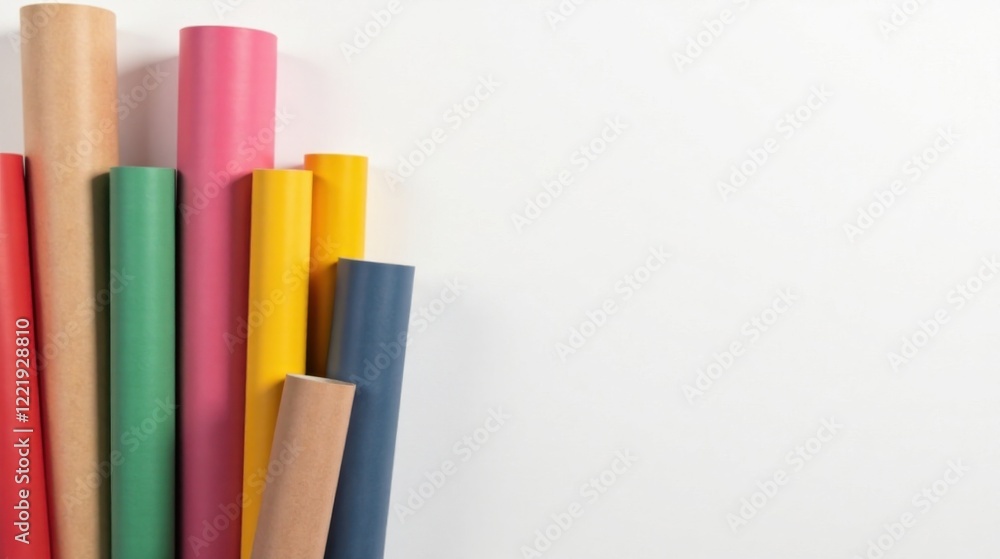 Colorful Rolls of Paper Arranged on White Background, Ideal for Craft Projects and Design Inspiration Colorful Rolls of Paper Arranged on White Background, Ideal for Craft Projects and Design Inspiration