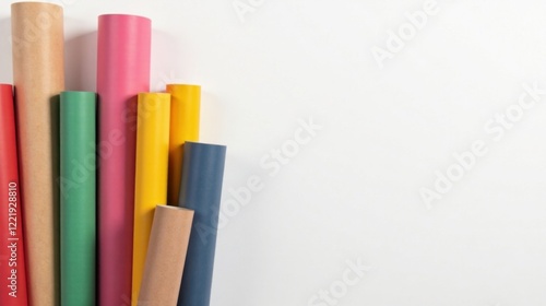 Colorful Rolls of Paper Arranged on White Background, Ideal for Craft Projects and Design Inspiration