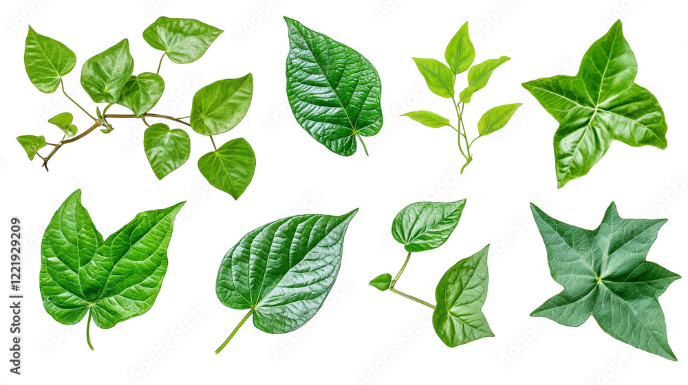 Set of green leaves isolated on transparent white background, clipping path Set of green leaves isolated on transparent white background, clipping path