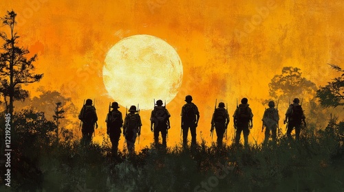 Silhouetted Soldiers on Patrol Against a Dramatic Sunset Sky in a Gritty Landscape