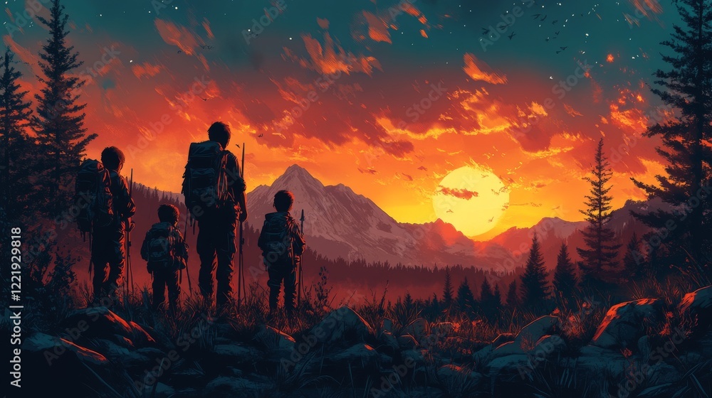 Fototapeta premium A group of hikers silhouetted against a vibrant sunset in the mountains enjoying an outdoor adventure