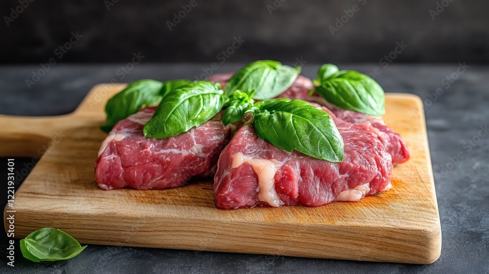 Raw Beef Steaks with Fresh Basil on Wooden Cutting Board Raw Beef Steaks with Fresh Basil on Wooden Cutting Board