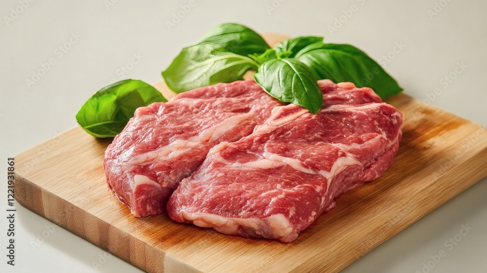 Raw Beef Steaks on Wooden Cutting Board with Fresh Basil Raw Beef Steaks on Wooden Cutting Board with Fresh Basil