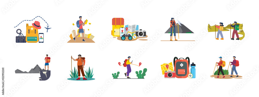 Adventure illustration set. Flat vector illustration. Adventure illustration set. Flat vector illustration.