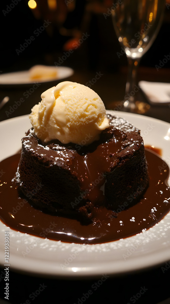 A delicious chocolate lava cake with molten center, served with a scoop of vanilla ice cream. A delicious chocolate lava cake with molten center, served with a scoop of vanilla ice cream.