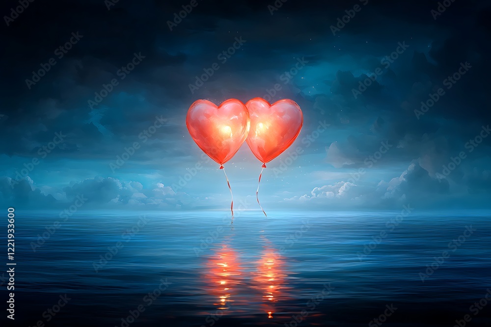 Fototapeta premium Romantic heart balloons floating in calm ocean serene atmosphere love concept