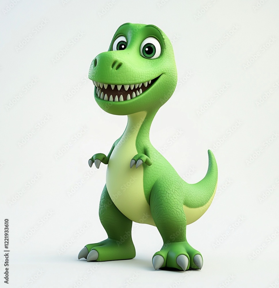 Fototapeta premium Adorable Green Cartoon Dinosaur Cute Baby Rex Illustration 3d fun kid tiny happy model image child