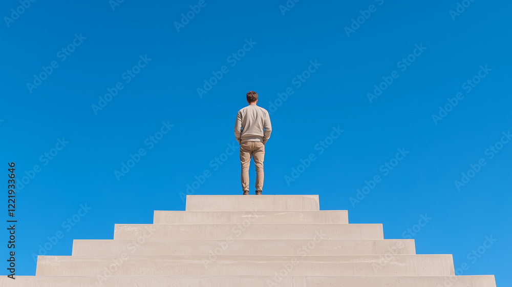 Man at the top of a staircase facing a bright blue sky Man at the top of a staircase facing a bright blue sky