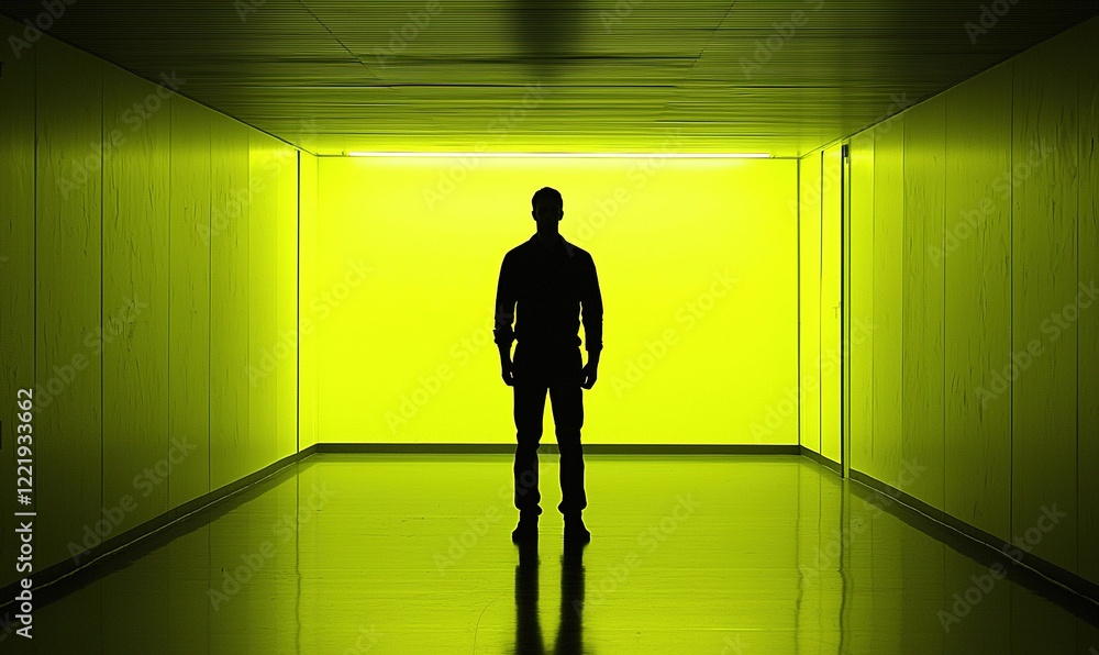 Fototapeta premium Man silhouetted in glowing yellow hallway, contemplating future, potential use for mystery or suspense themes