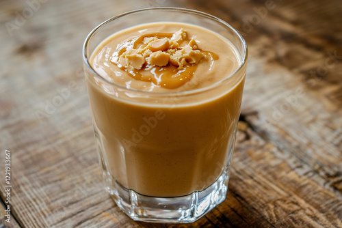 A creamy peanut butter-flavored smoothie is served on a table. (Generative AI)