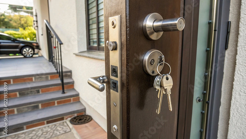 Open door of a family home. Close-up of the lock with your keys on an armored door. Security,thief, urban, street