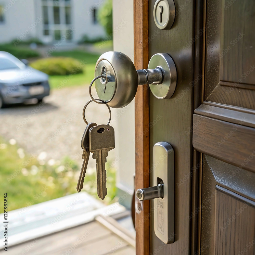 Obraz premium Open door of a family home. Close-up of the lock with your keys on an armored door. Security,thief, urban, street