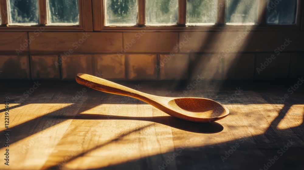 Wooden Spoon on Sunlit Kitchen Counter Wooden Spoon on Sunlit Kitchen Counter