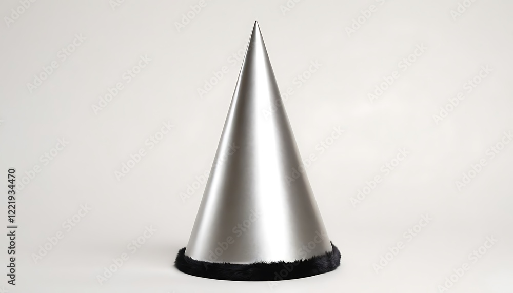 Fototapeta premium A 3D rendering of a party hat with gold and silver accents, set against a clean white background.birthday cap floating or flying isolated white background,754