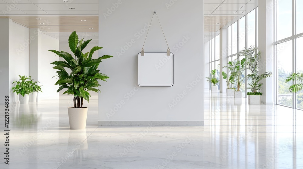 Modern office lobby with blank sign, plants, and city view; ideal for marketing Modern office lobby with blank sign, plants, and city view; ideal for marketing